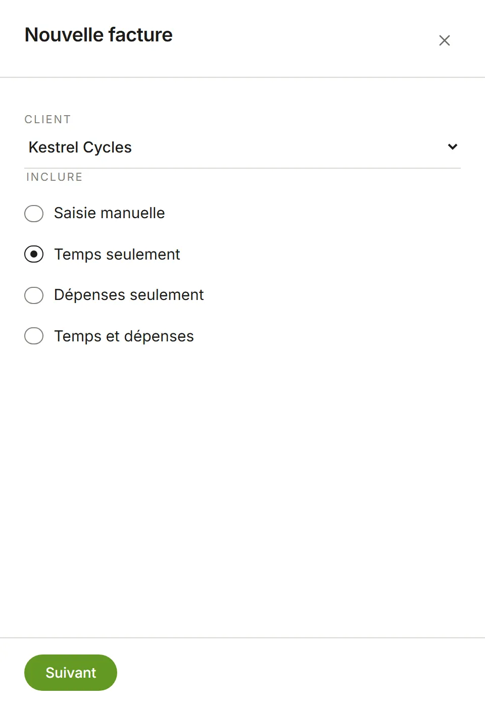 Première étape de Nouvelle facture : client Kestrel Cycles, Temps seulement