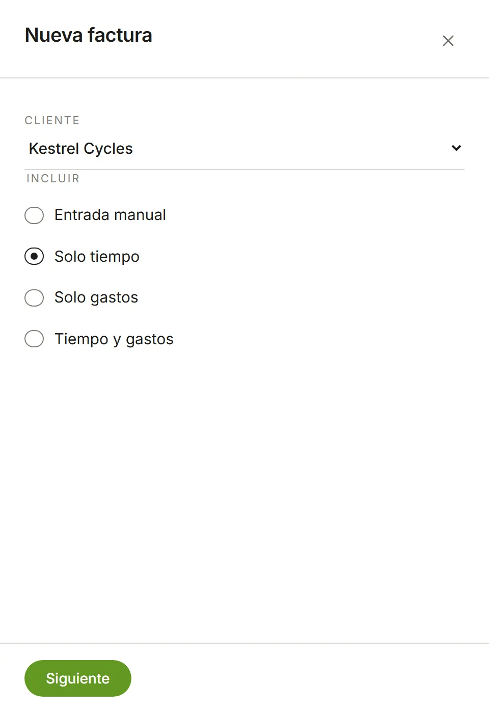 Primer paso de Nueva factura: cliente Kestrel Cycles, Solo tiempo