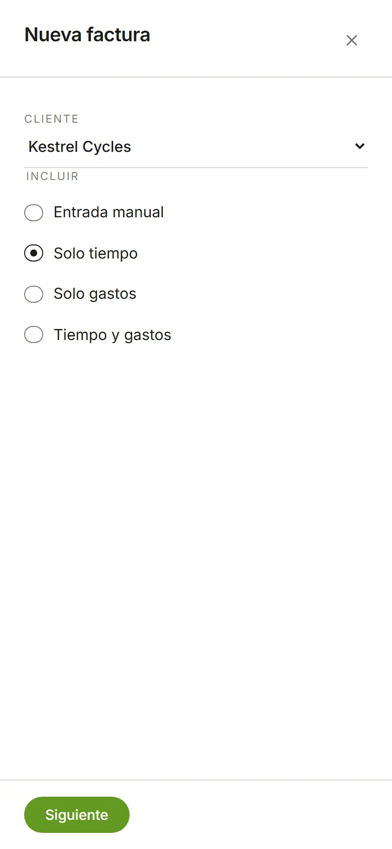 Primer paso de Nueva factura: cliente Kestrel Cycles, Solo tiempo