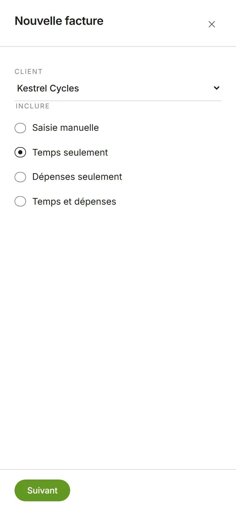 Première étape de Nouvelle facture : client Kestrel Cycles, Temps seulement