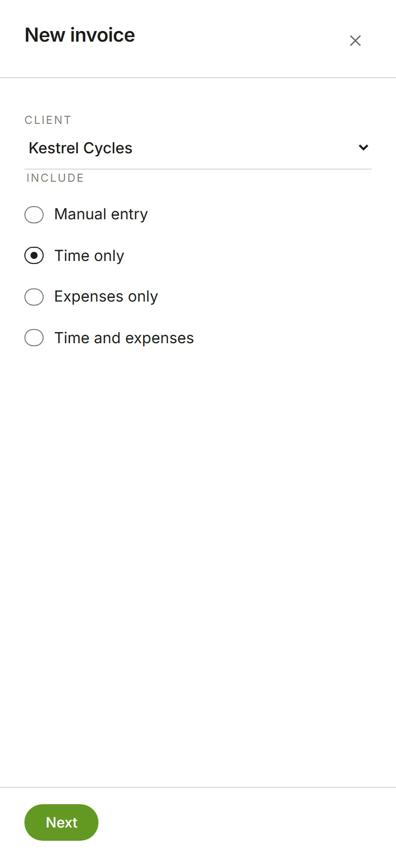 Step one of New invoice: client Kestrel Cycles, Time only