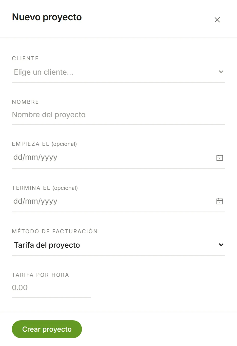 El panel Nuevo proyecto