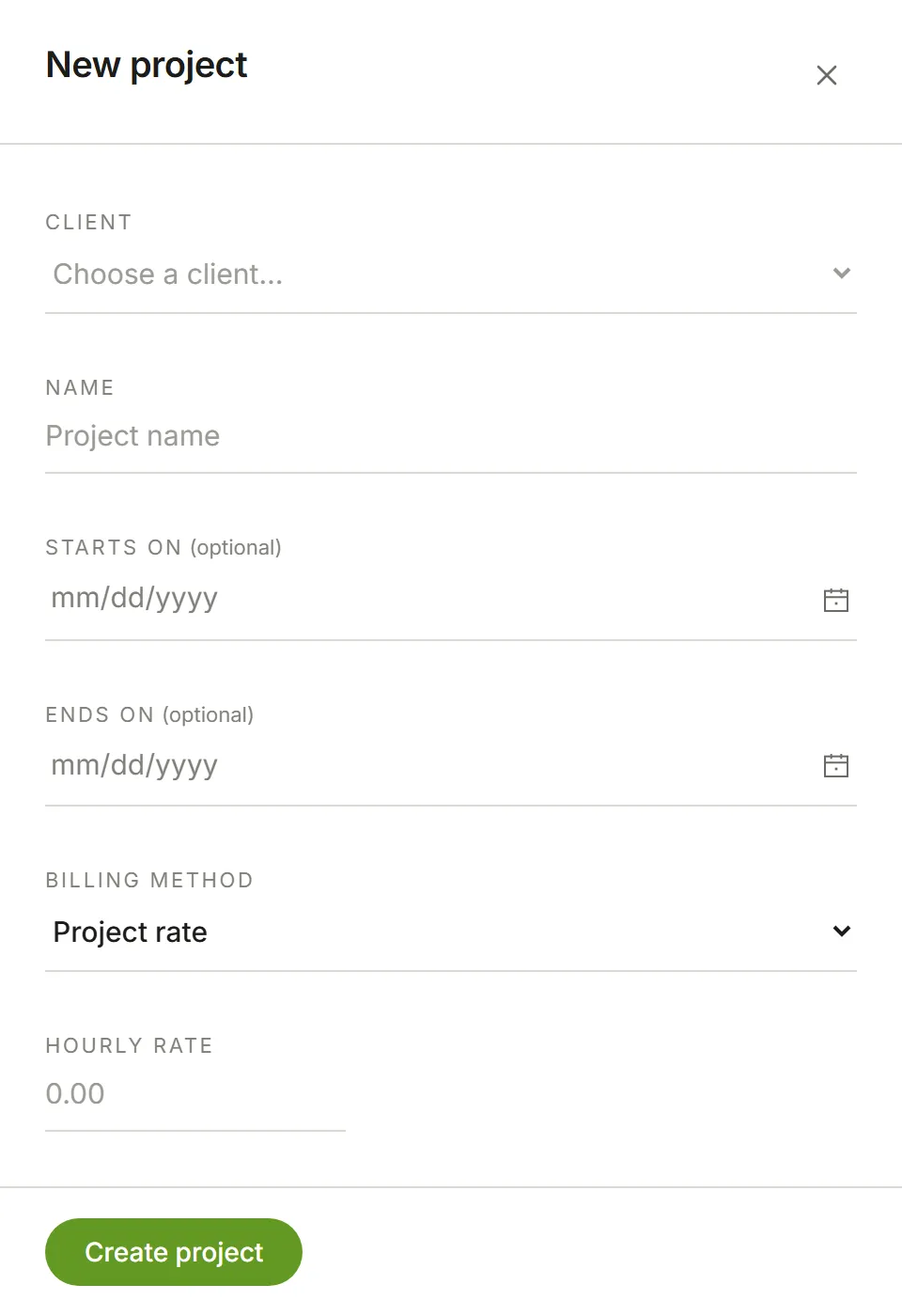 The New project panel