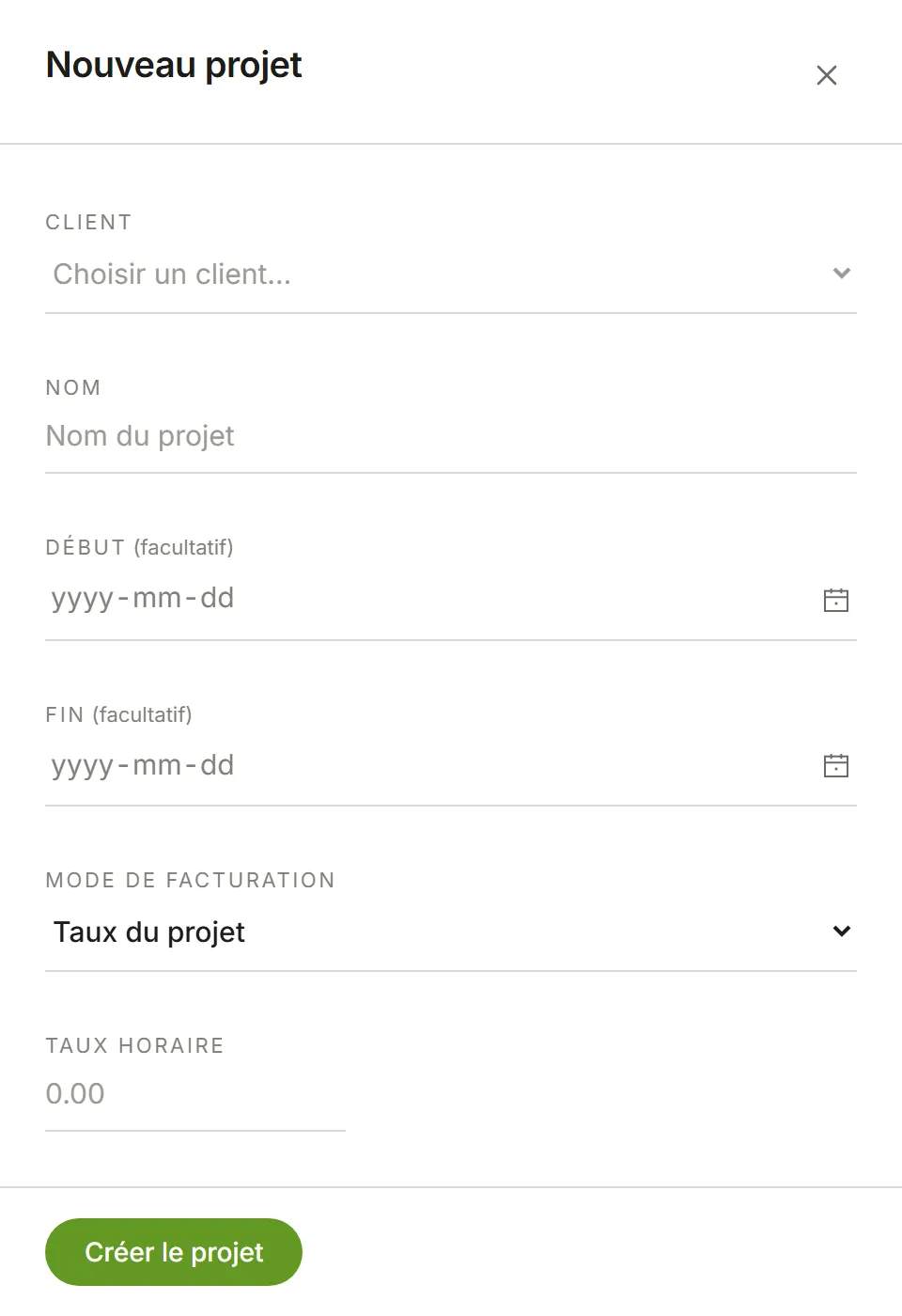Le panneau Nouveau projet