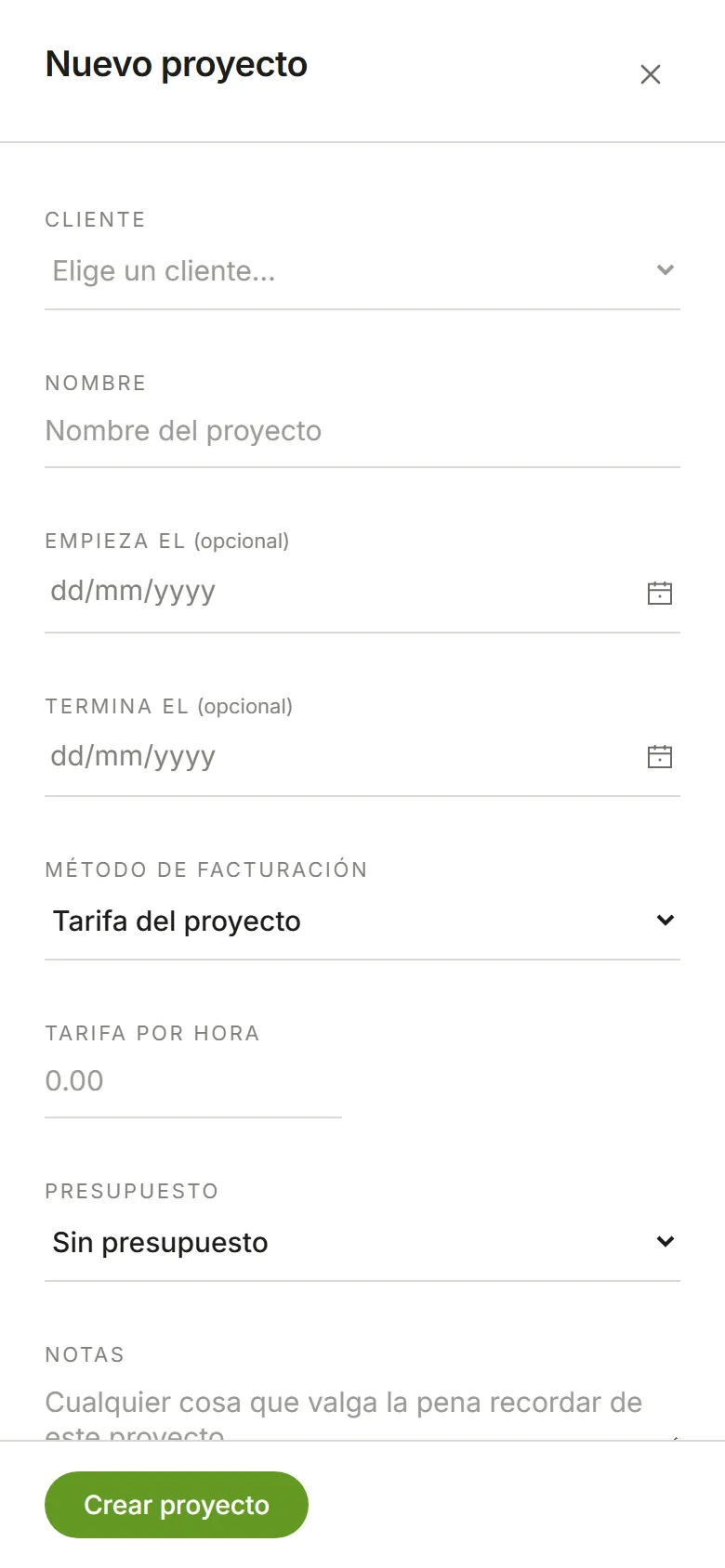 El panel Nuevo proyecto