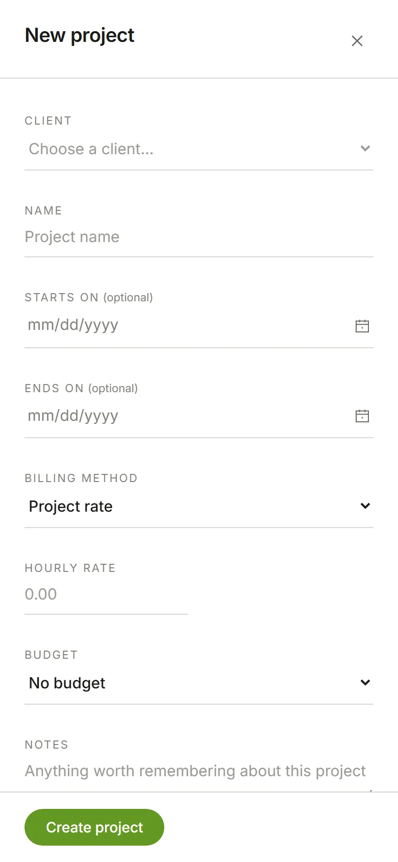 The New project panel