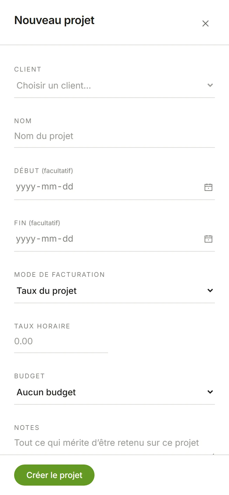Le panneau Nouveau projet