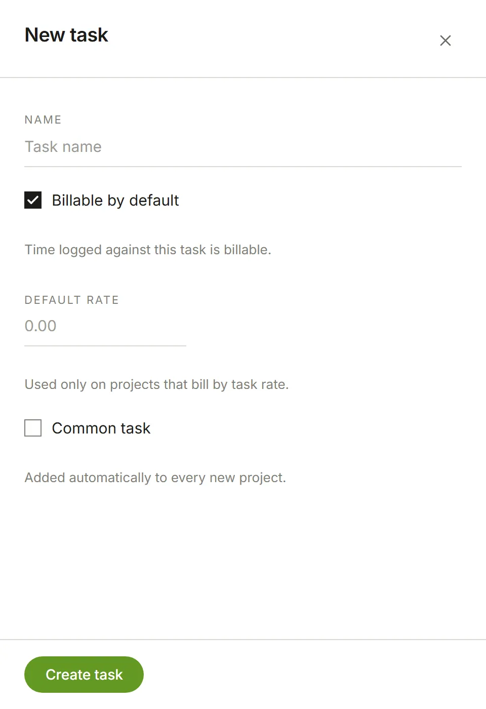 The New task panel