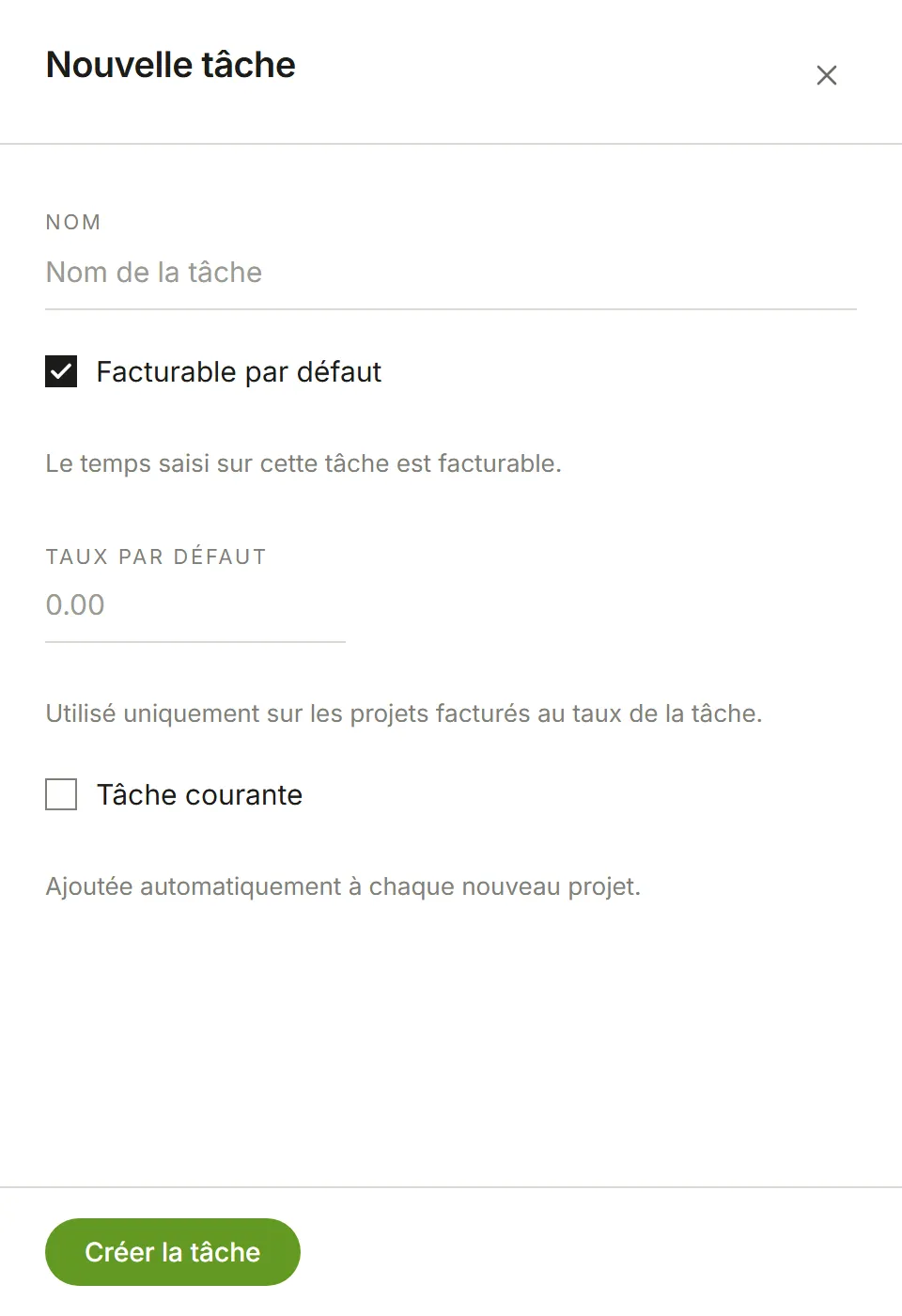 Le panneau Nouvelle tâche