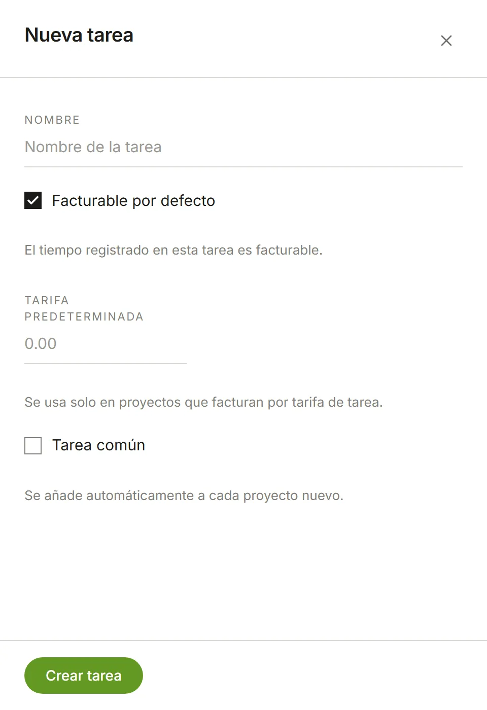 El panel Nueva tarea