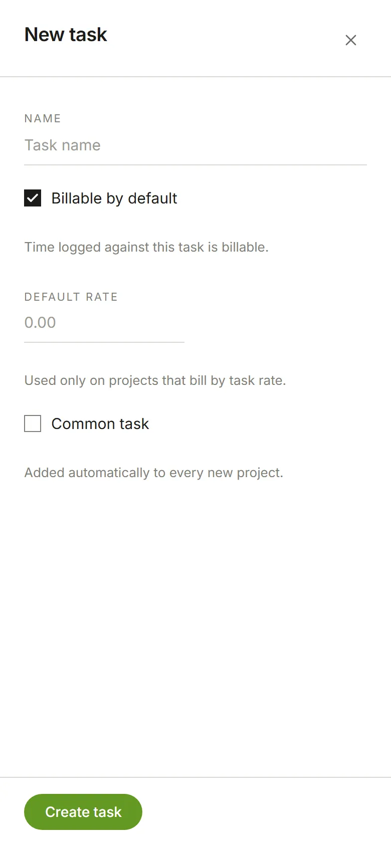 The New task panel