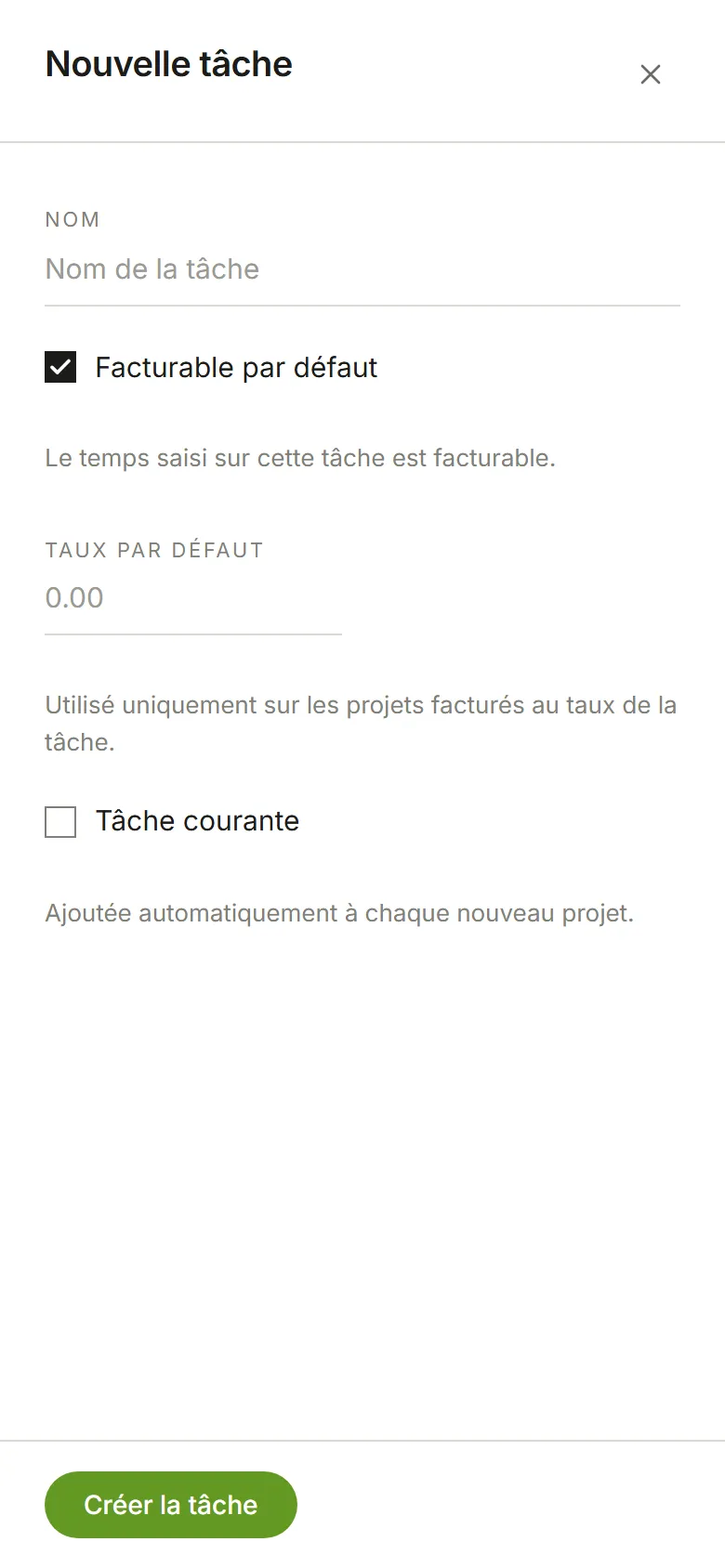 Le panneau Nouvelle tâche