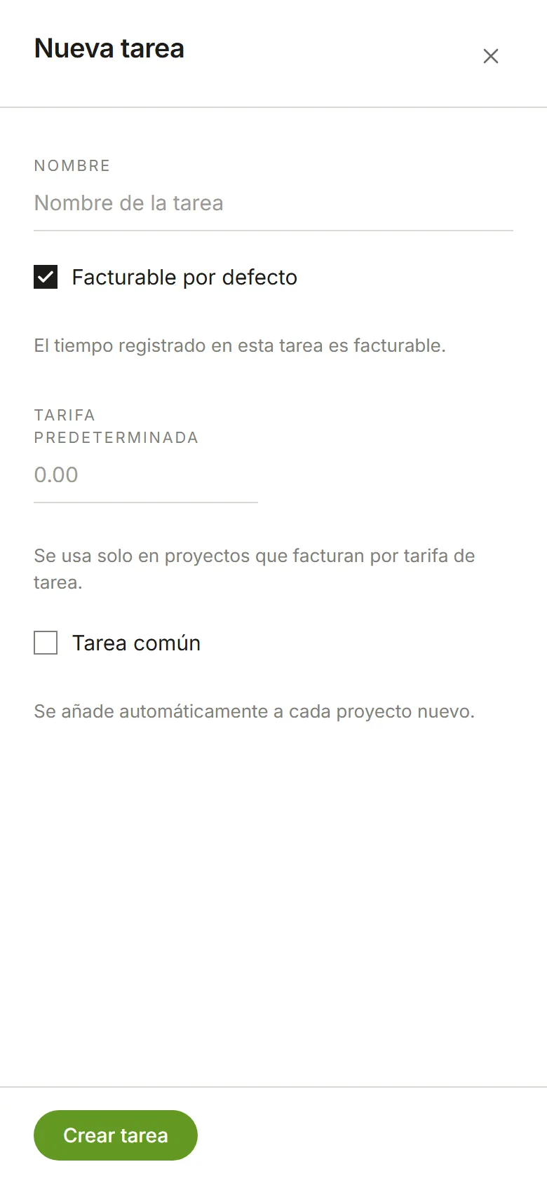 El panel Nueva tarea