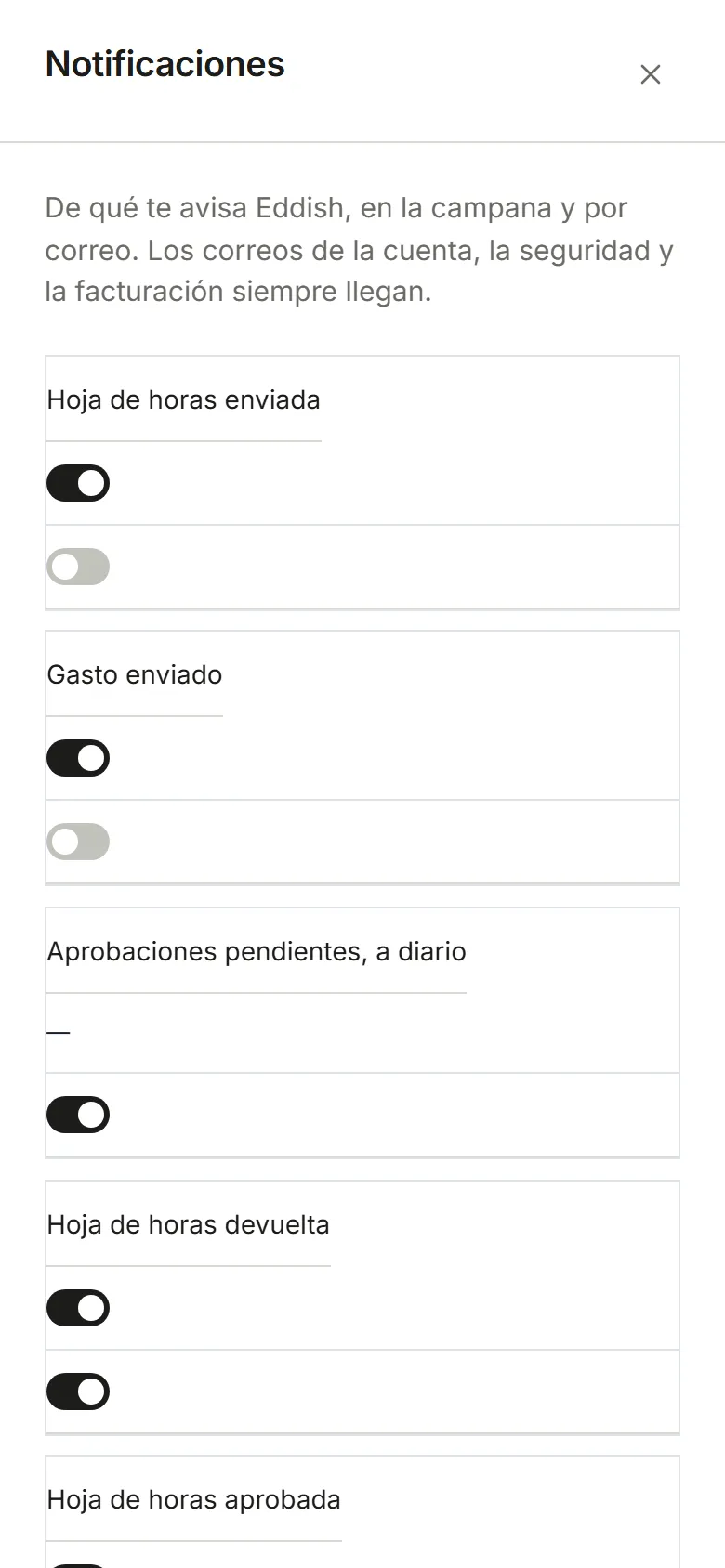 Configuración, Notificaciones: un interruptor por evento para En la aplicación y Correo electrónico