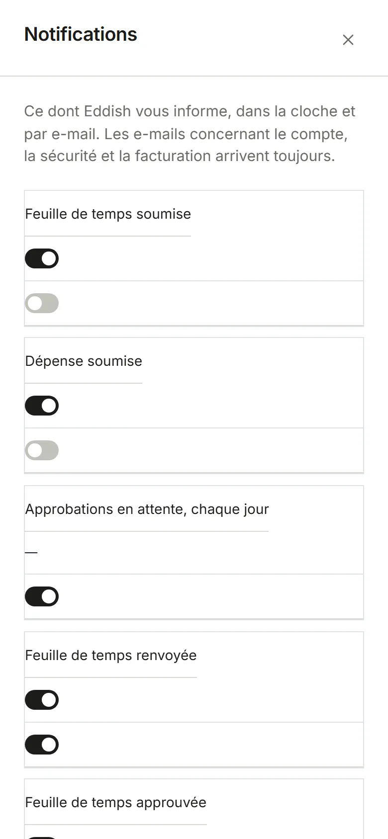 Paramètres, Notifications : un interrupteur par événement pour Dans l’application et E-mail