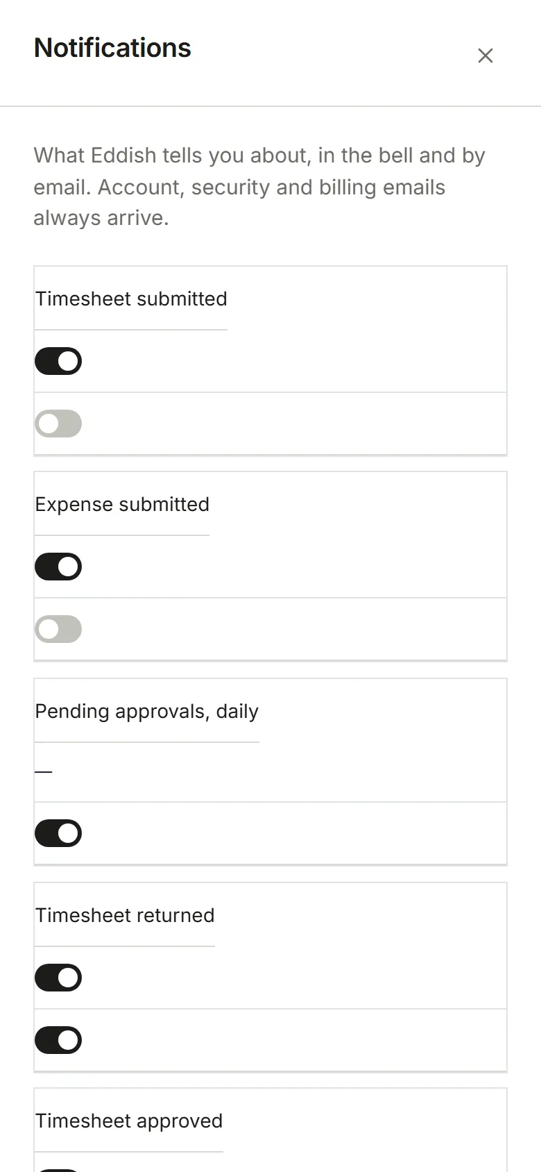 Settings, Notifications: a switch per event for In-app and Email