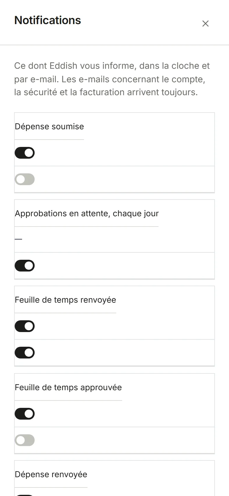 Paramètres, Notifications : un interrupteur par événement pour Dans l’application et E-mail