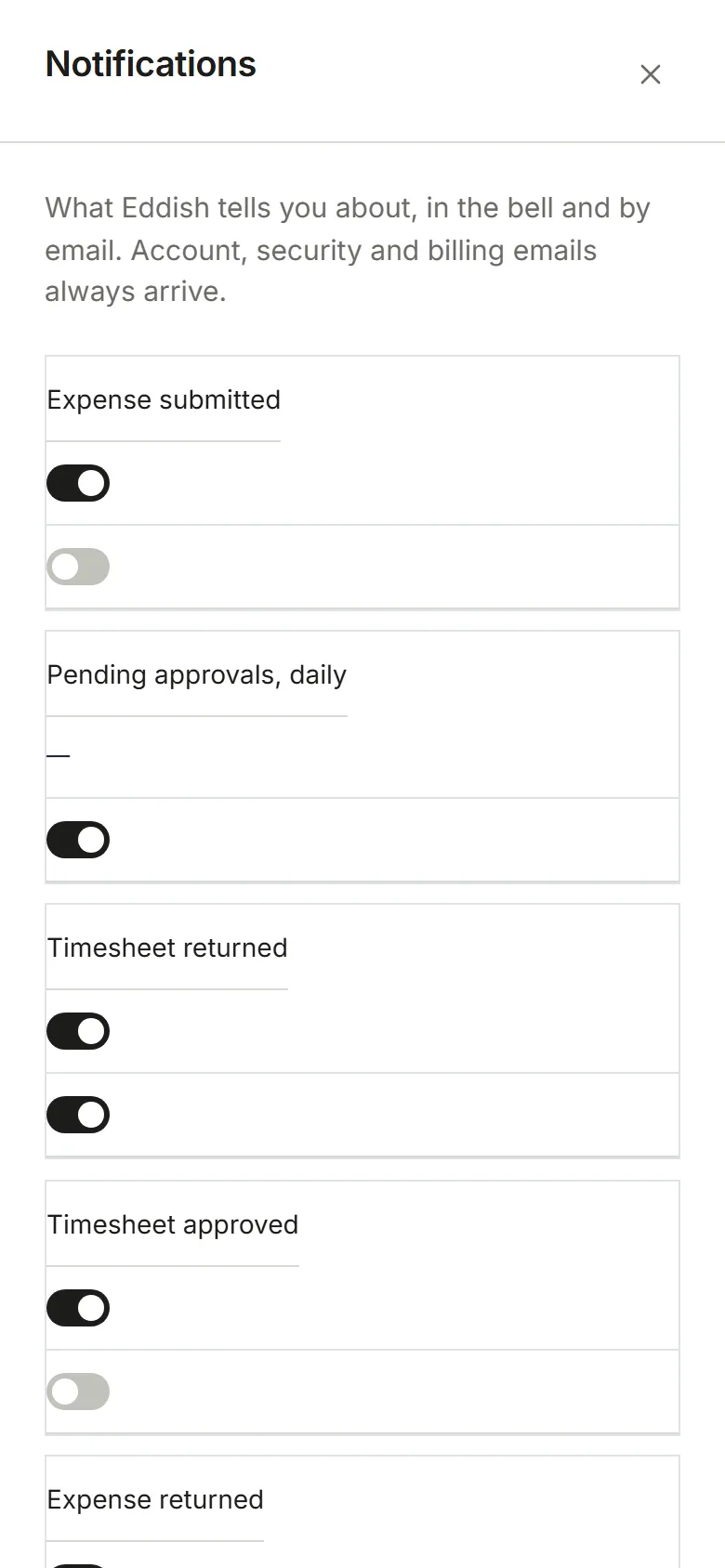 Settings, Notifications: a switch per event for In-app and Email