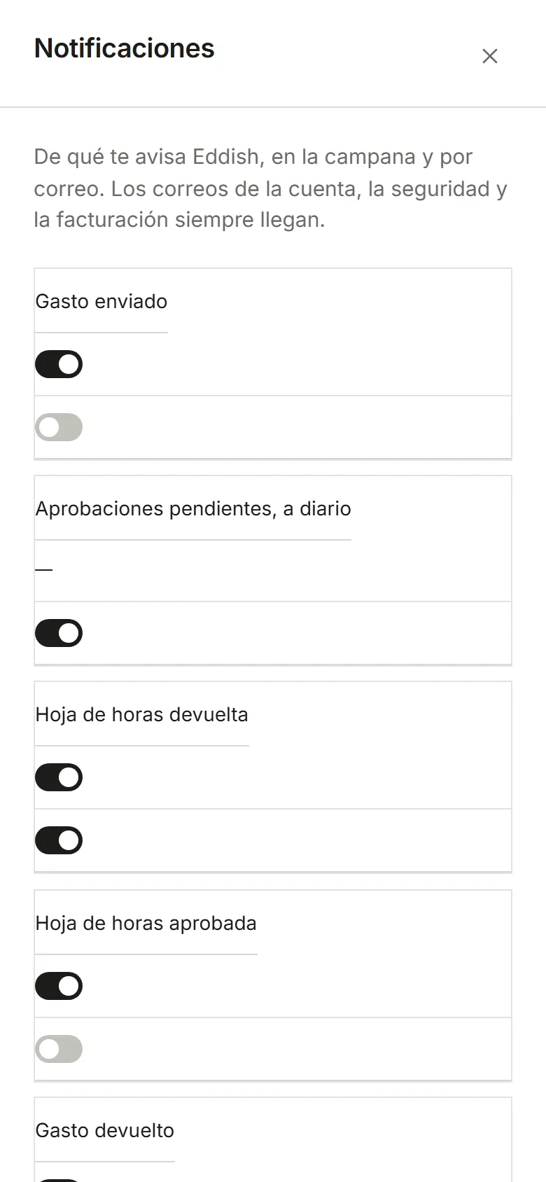 Configuración, Notificaciones: un interruptor por evento para En la aplicación y Correo electrónico