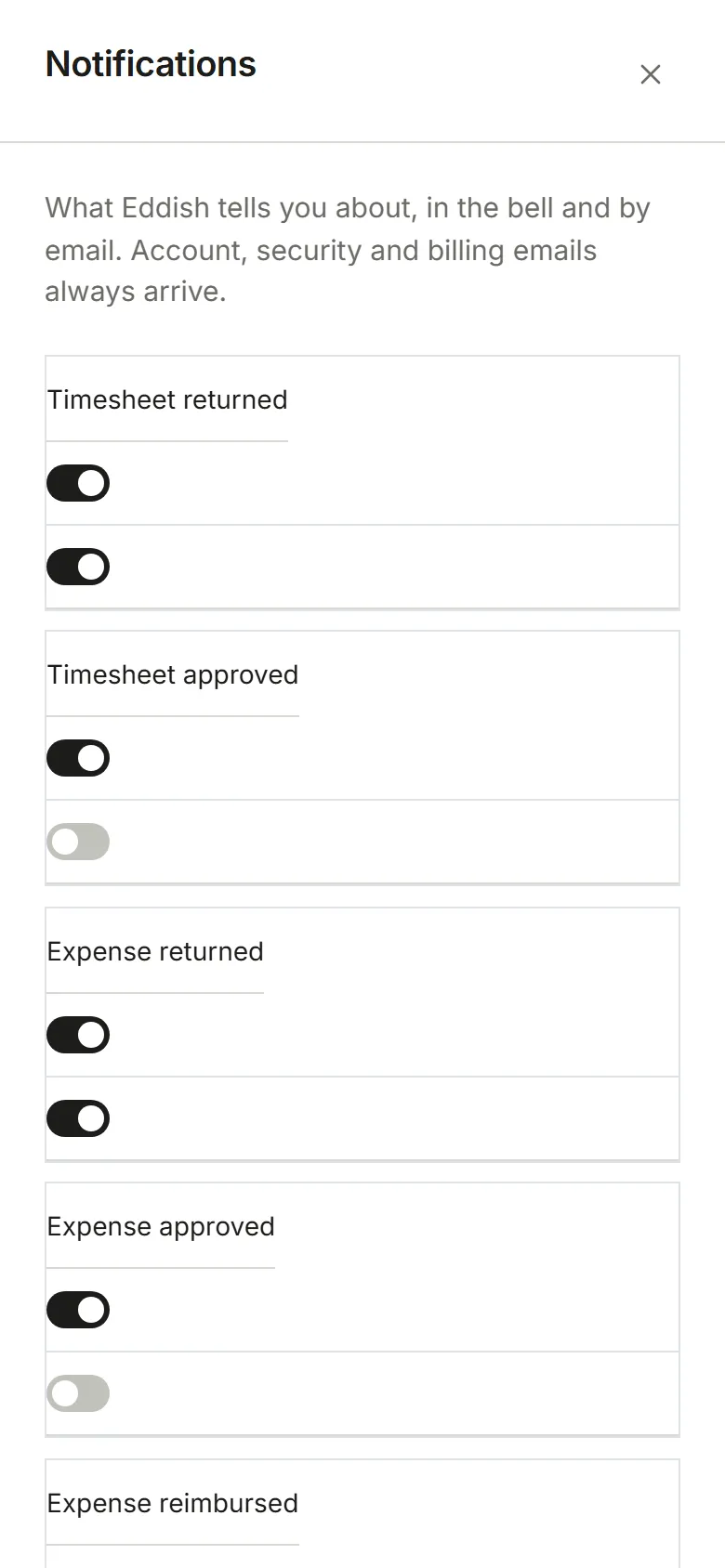 Settings, Notifications: a switch per event for In-app and Email