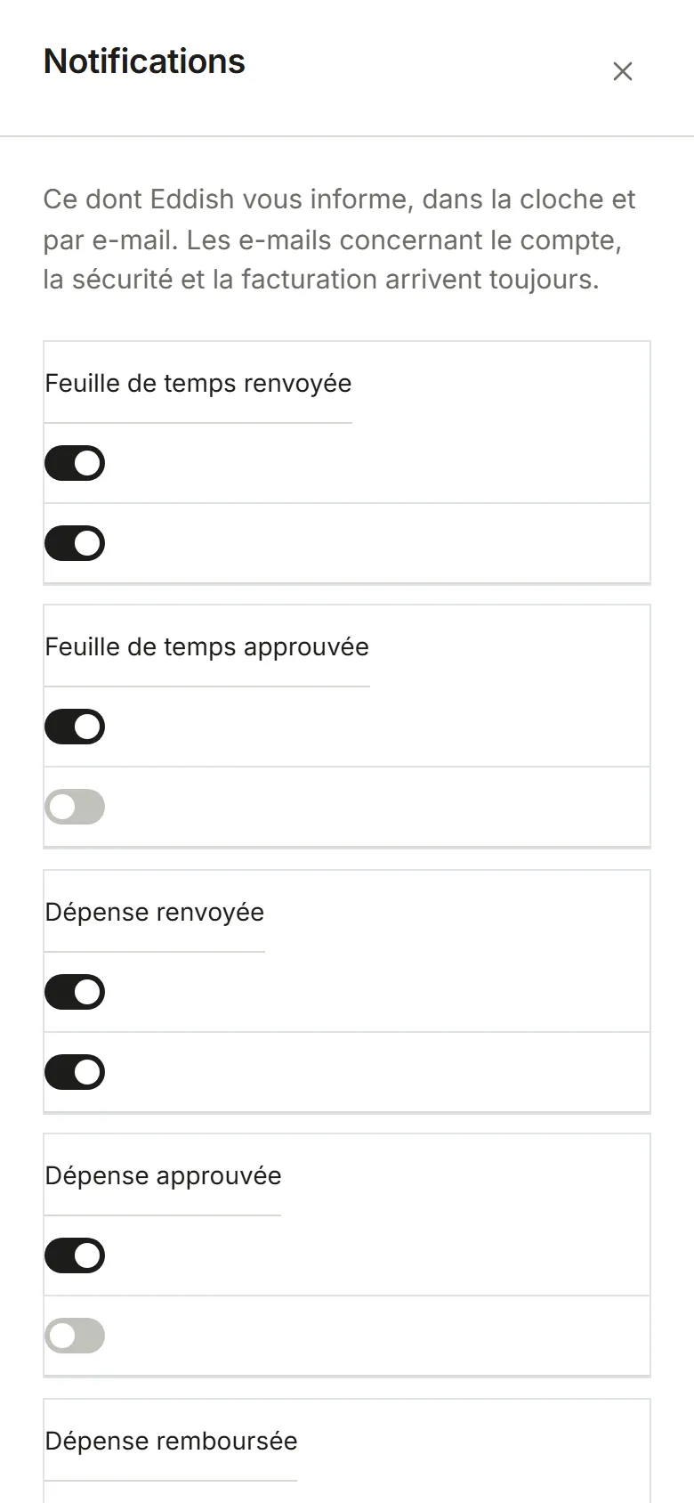 Paramètres, Notifications : un interrupteur par événement pour Dans l’application et E-mail