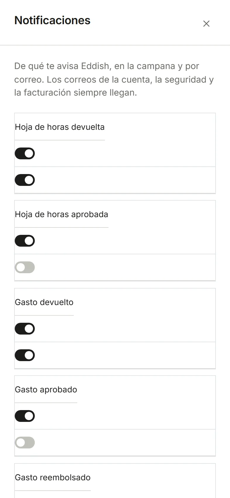 Configuración, Notificaciones: un interruptor por evento para En la aplicación y Correo electrónico