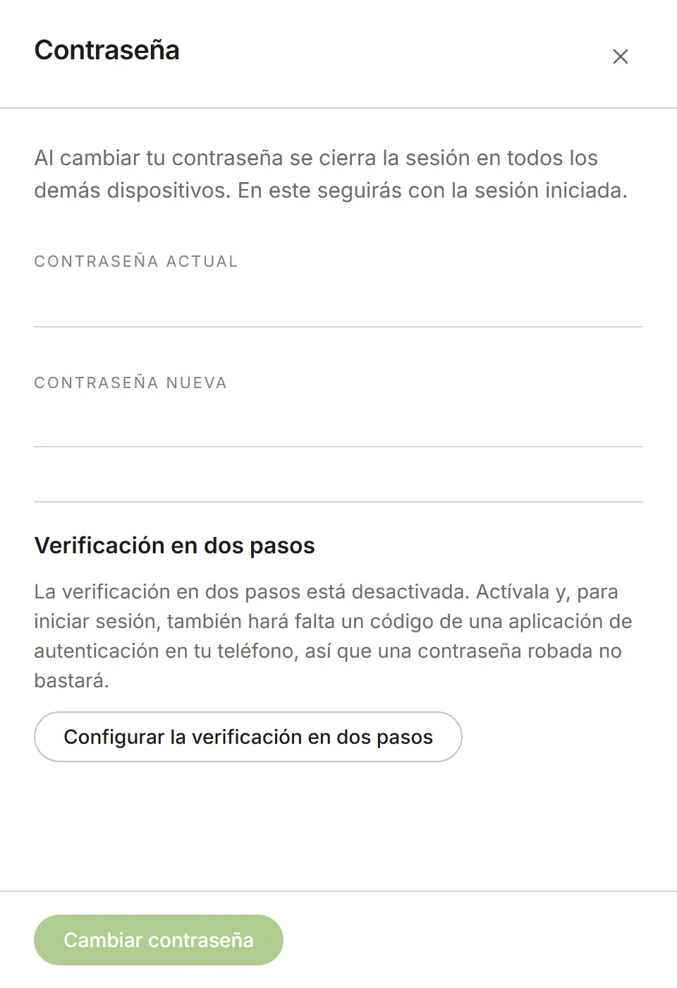 El panel Contraseña, con la verificación en dos pasos desactivada