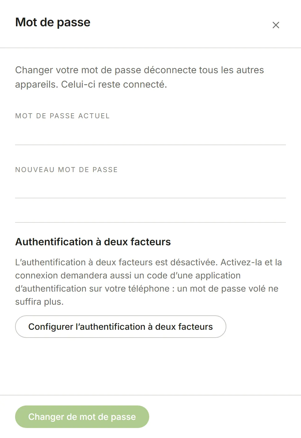Le panneau Mot de passe, avec l’authentification à deux facteurs désactivée