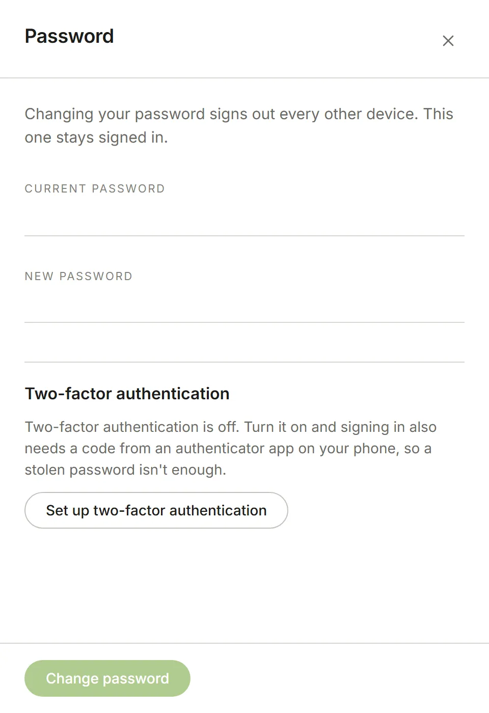 The Password panel, with two-factor authentication off