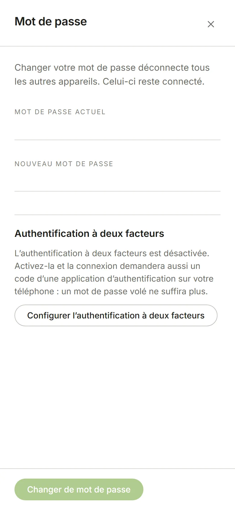 Le panneau Mot de passe, avec l’authentification à deux facteurs désactivée