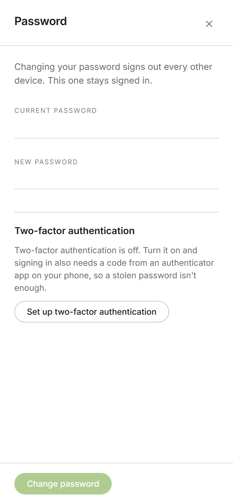 The Password panel, with two-factor authentication off