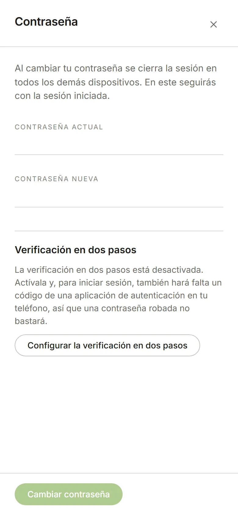 El panel Contraseña, con la verificación en dos pasos desactivada