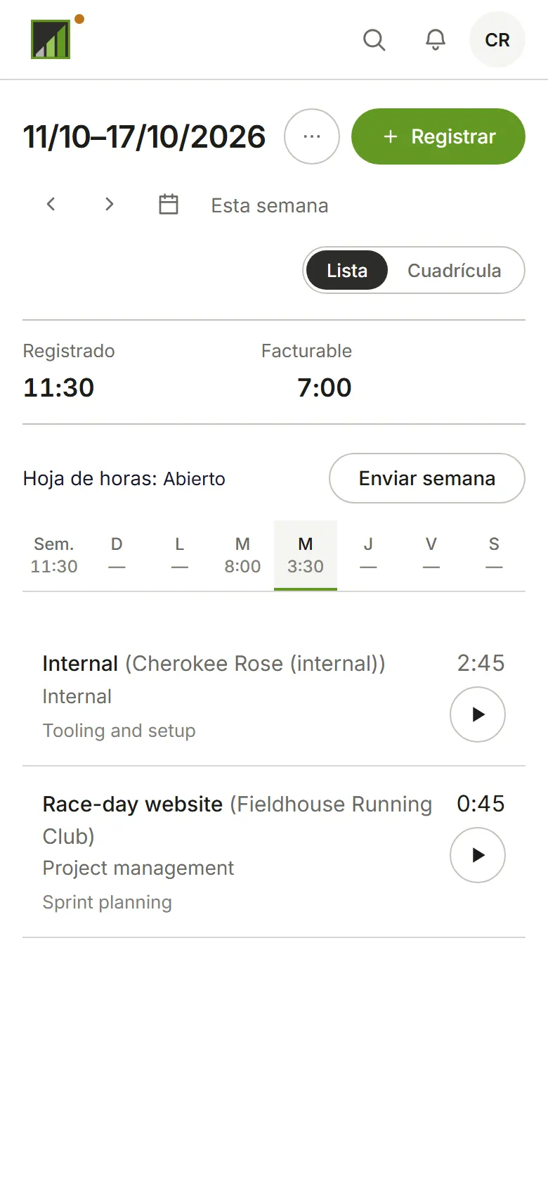 Esta semana en la página Tiempo, abierta, con Enviar semana