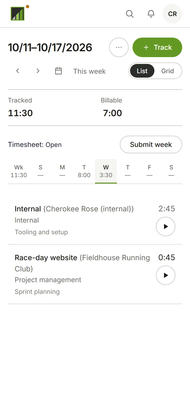 This week on the Time page, open, with Submit week
