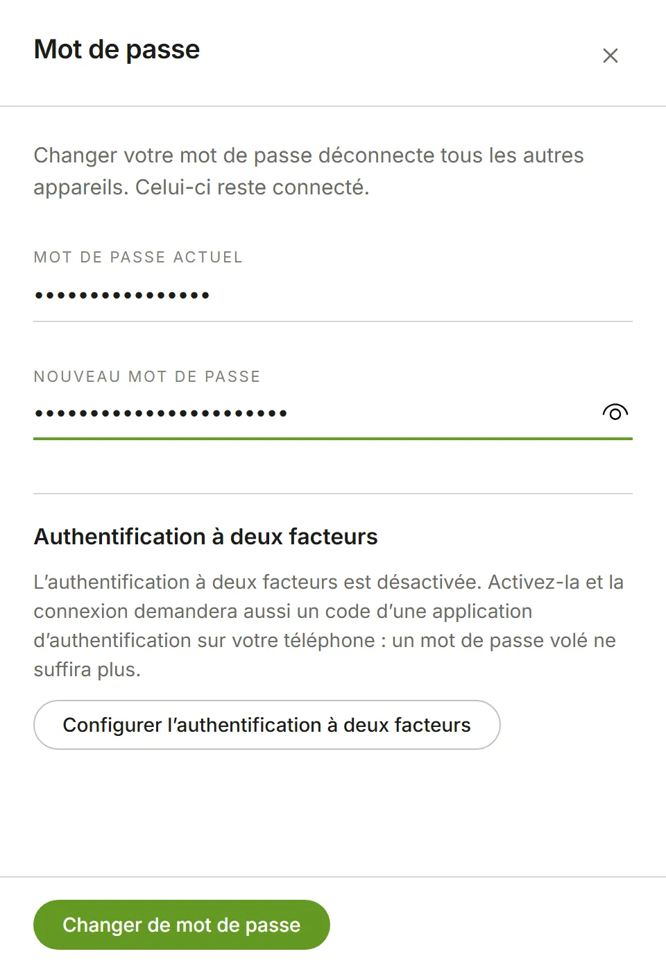 Le panneau Mot de passe avec le mot de passe actuel et le nouveau saisis