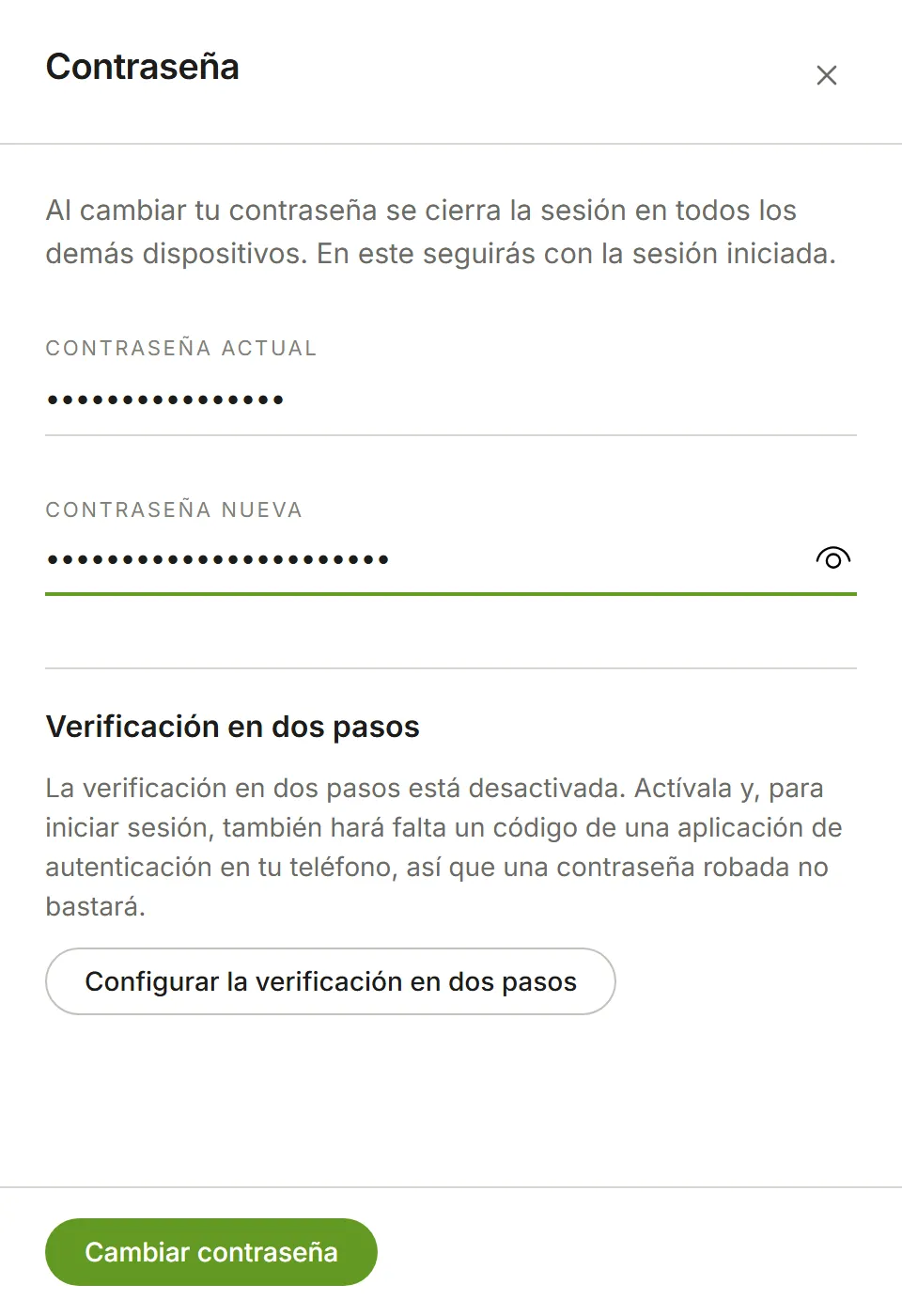 El panel Contraseña con la contraseña actual y la nueva introducidas