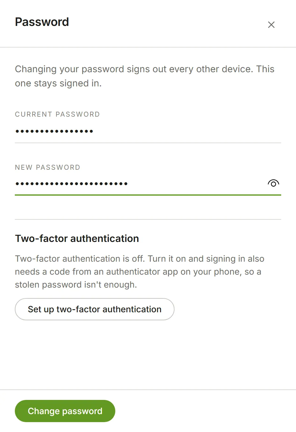 The Password panel with current and new password entered
