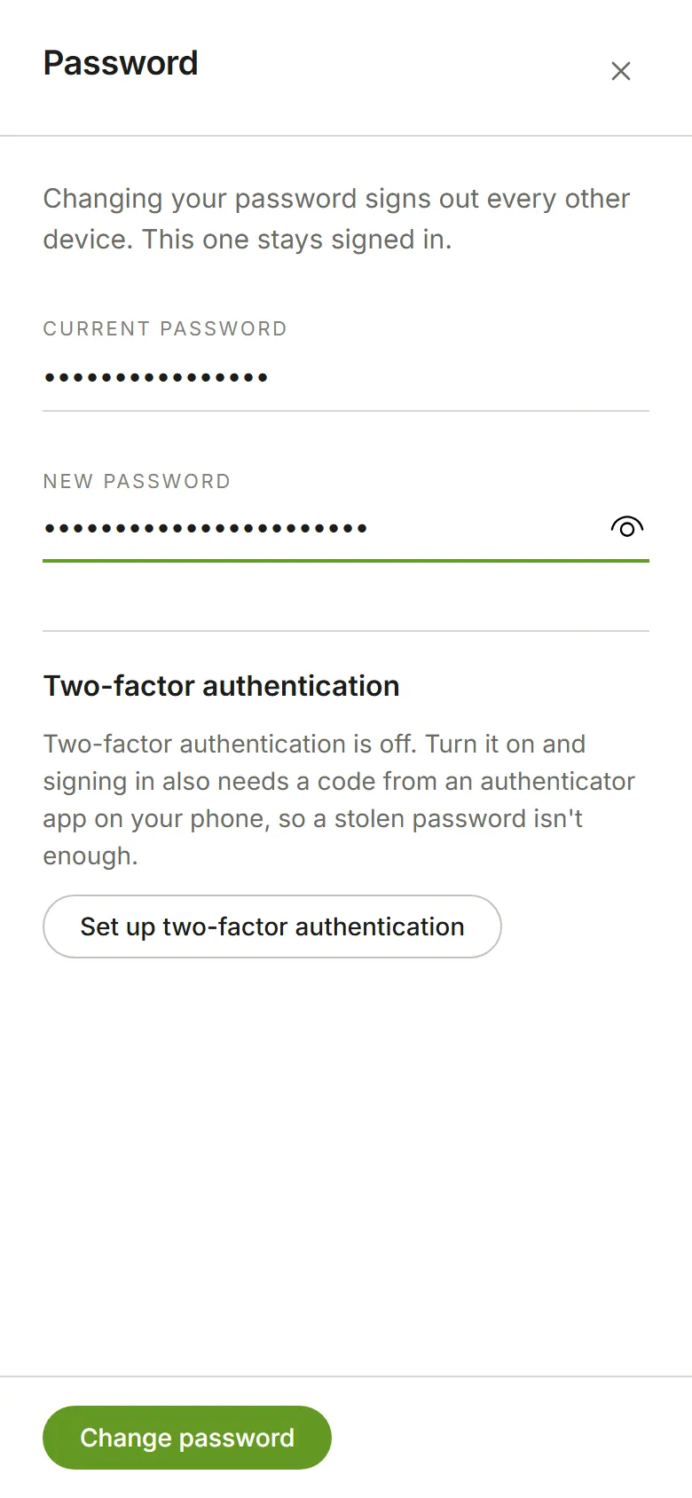 The Password panel with current and new password entered