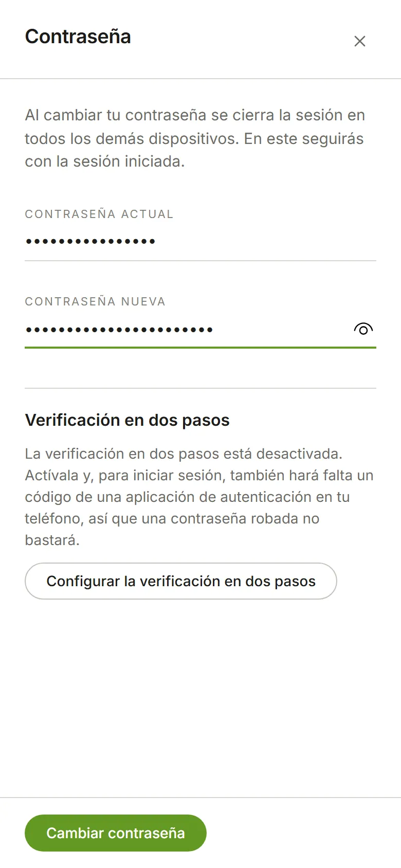 El panel Contraseña con la contraseña actual y la nueva introducidas