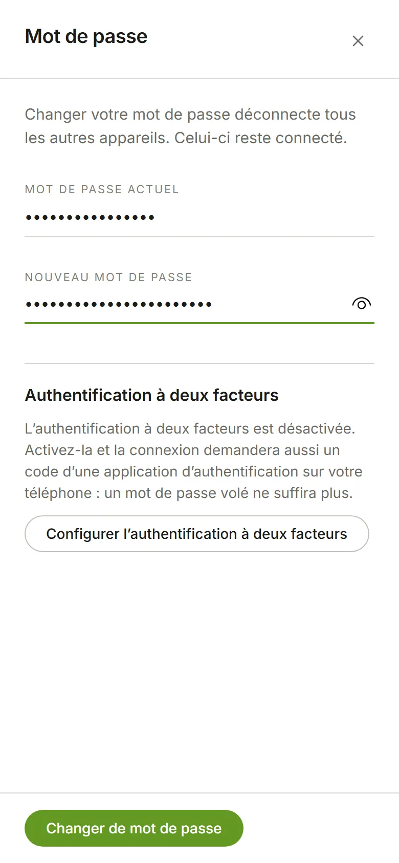 Le panneau Mot de passe avec le mot de passe actuel et le nouveau saisis