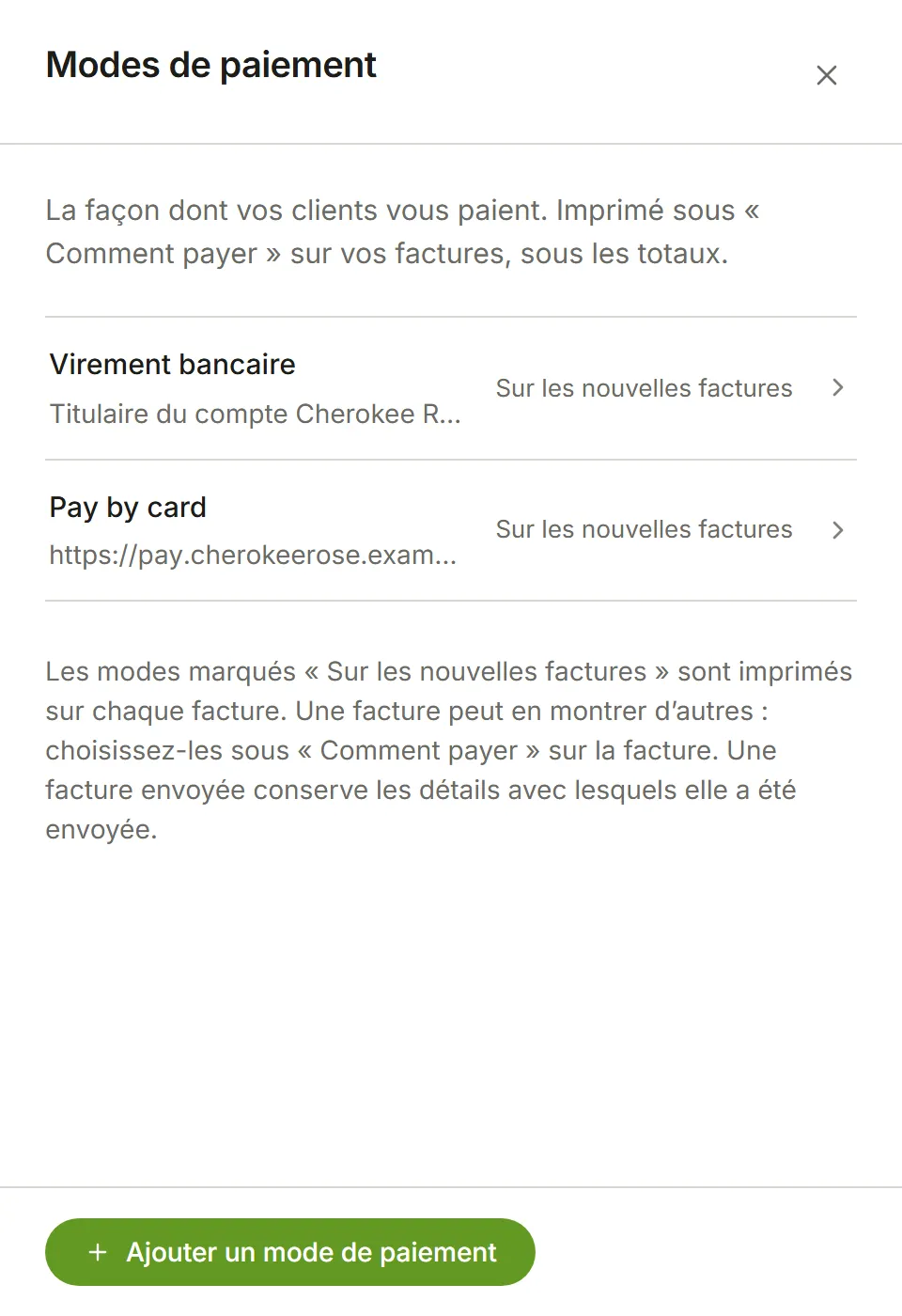 Modes de paiement : un virement bancaire et un lien Payer par carte, tous deux sur les nouvelles factures