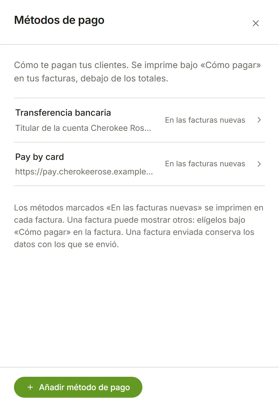 Métodos de pago: una transferencia bancaria y un enlace Pagar con tarjeta, ambos en las facturas nuevas