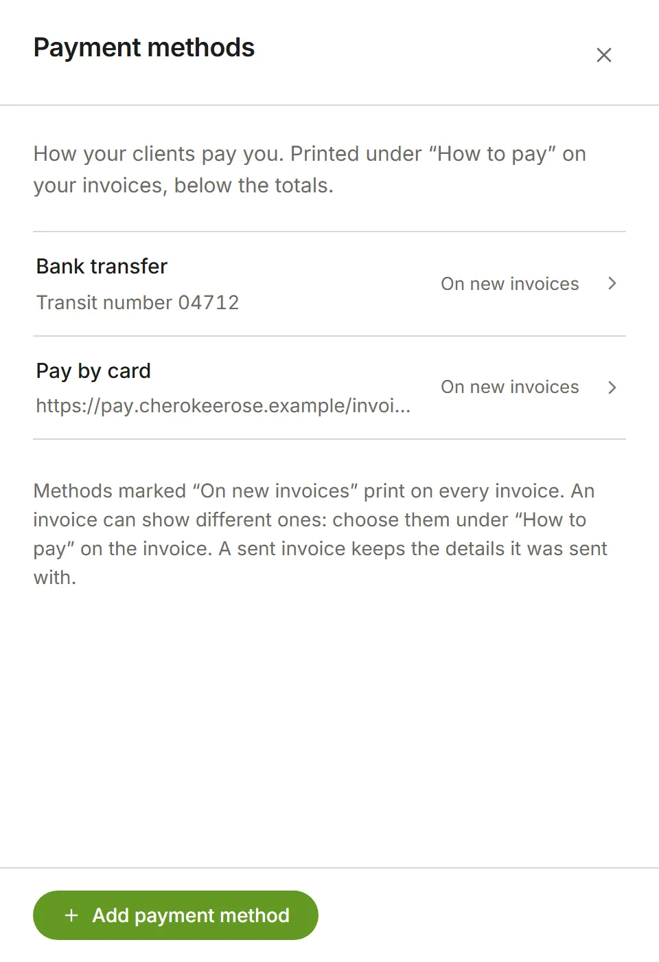 Payment methods: a bank transfer and a Pay by card link, both on new invoices