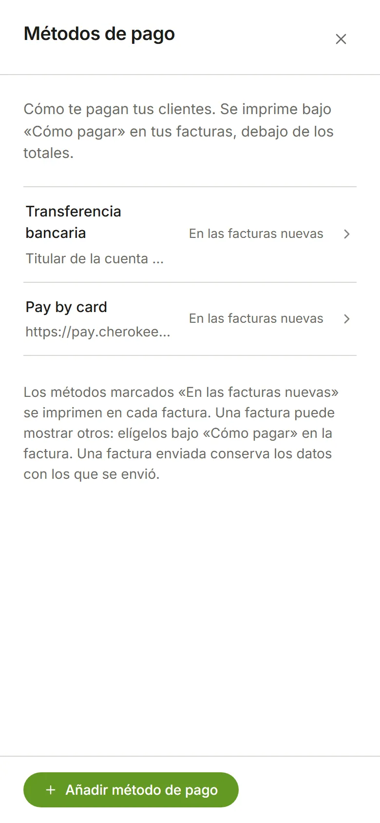 Métodos de pago: una transferencia bancaria y un enlace Pagar con tarjeta, ambos en las facturas nuevas