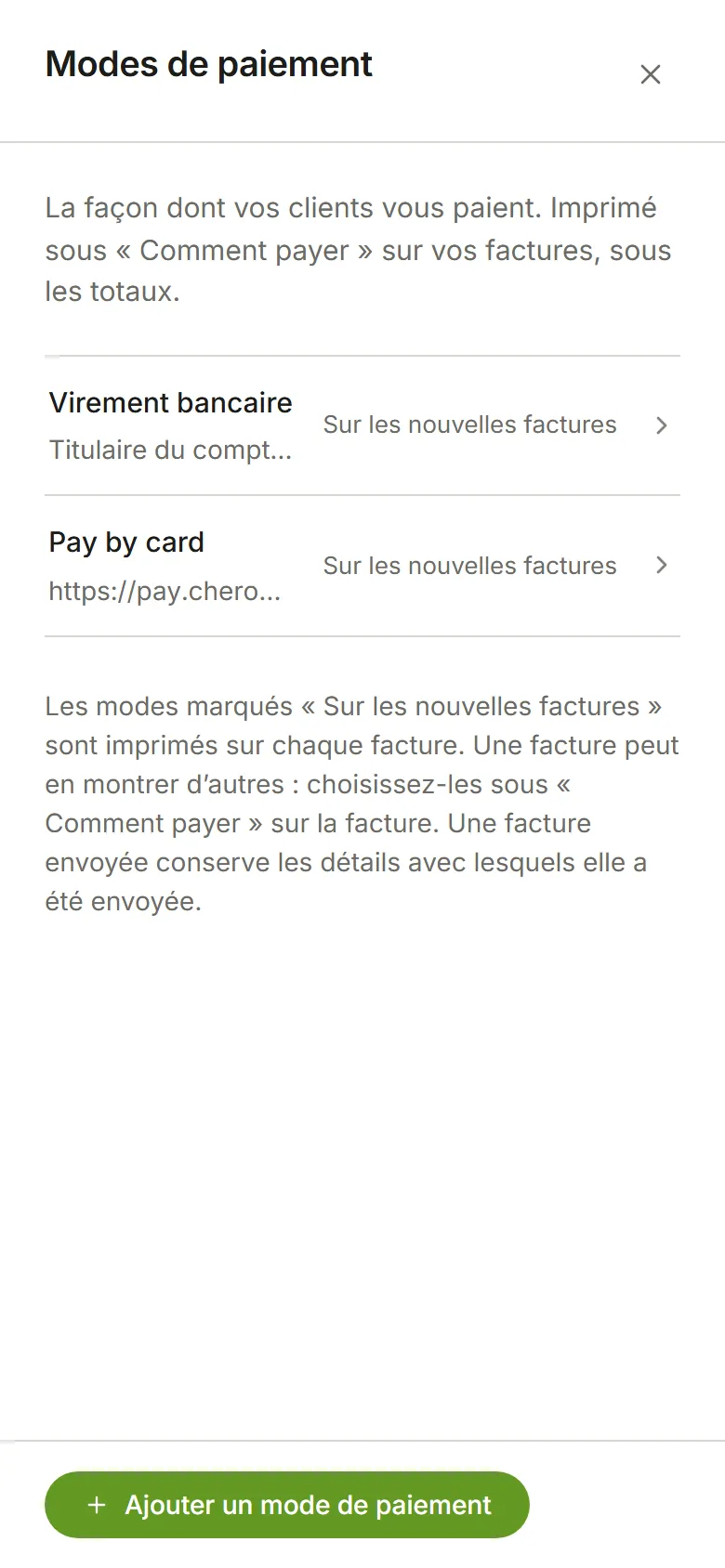 Modes de paiement : un virement bancaire et un lien Payer par carte, tous deux sur les nouvelles factures