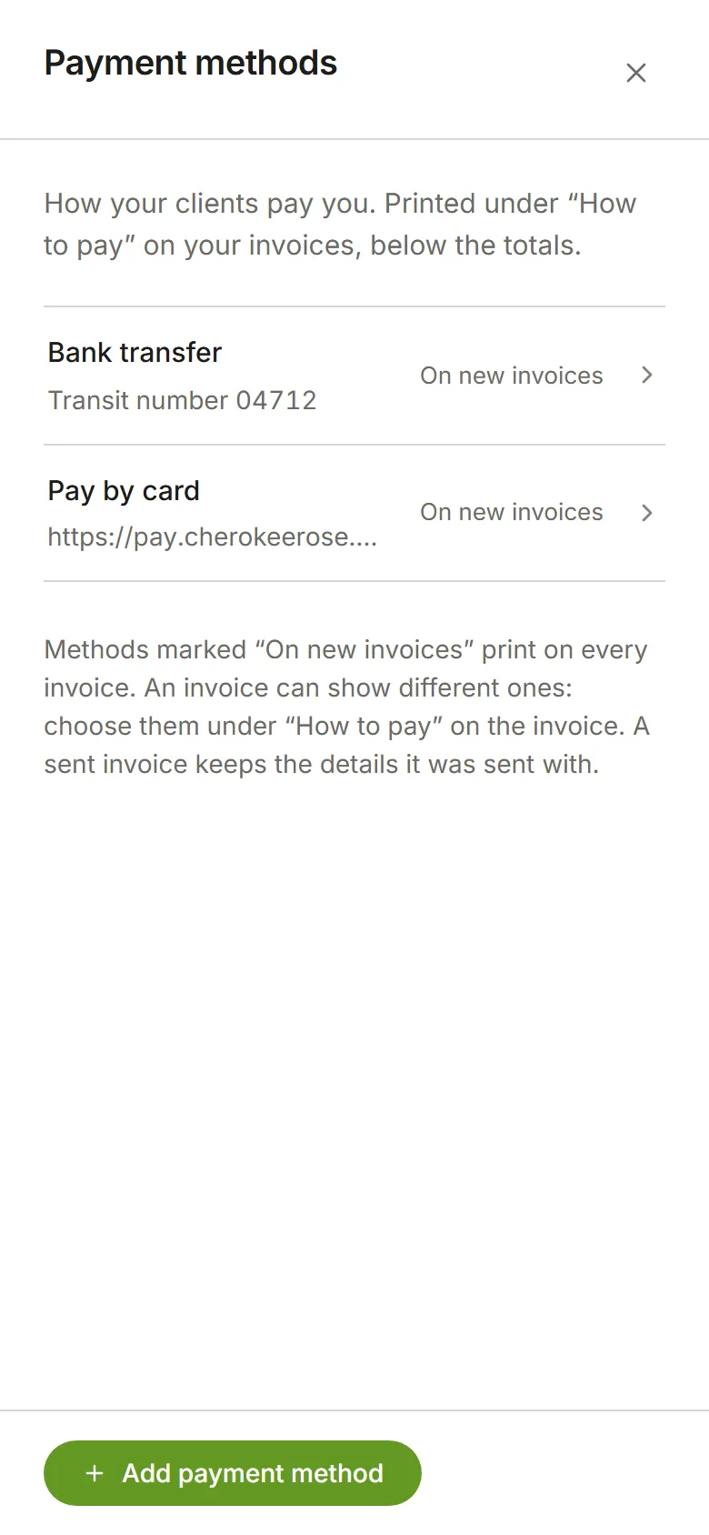 Payment methods: a bank transfer and a Pay by card link, both on new invoices