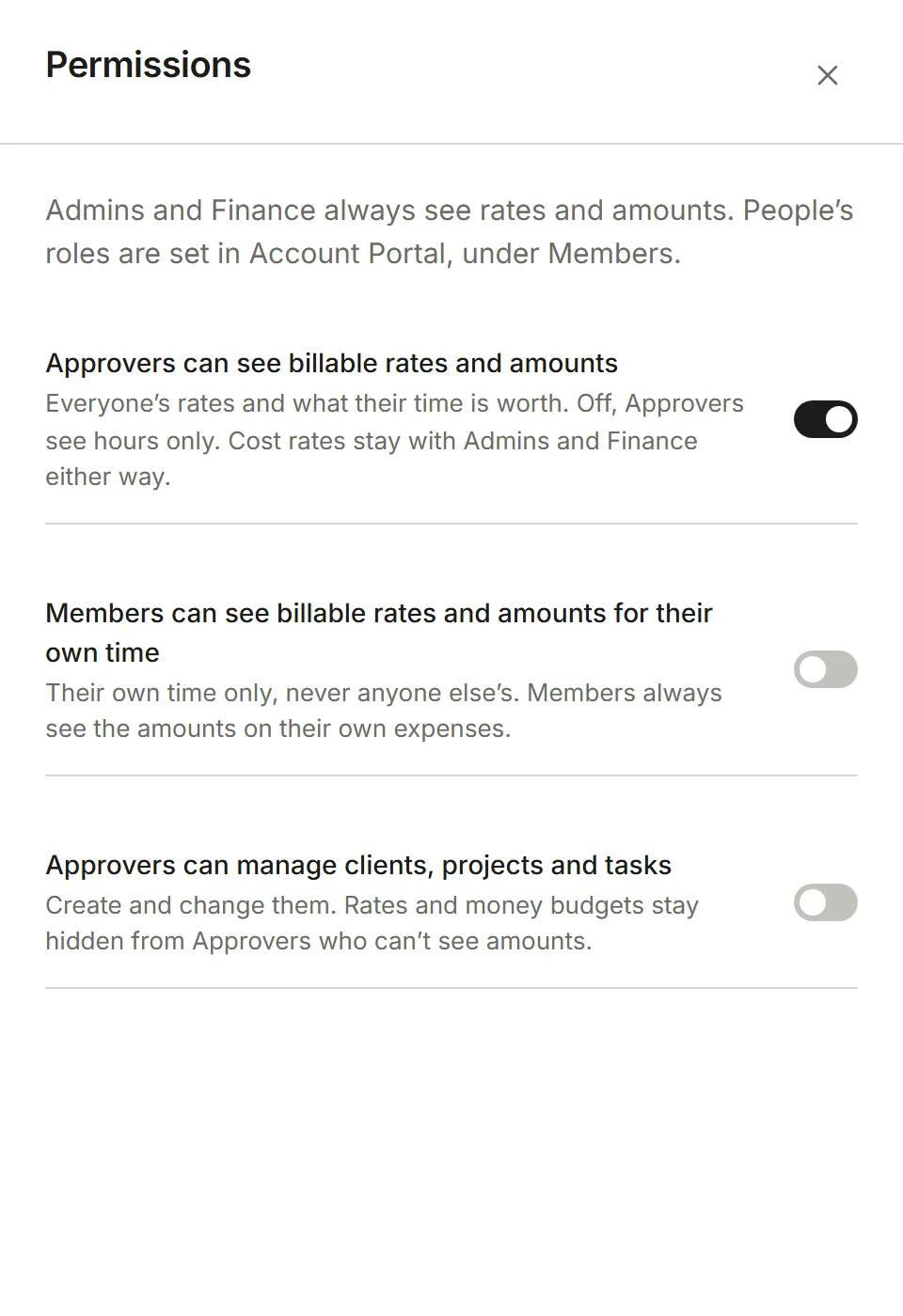 Settings, Permissions: three switches for who sees amounts and who manages projects
