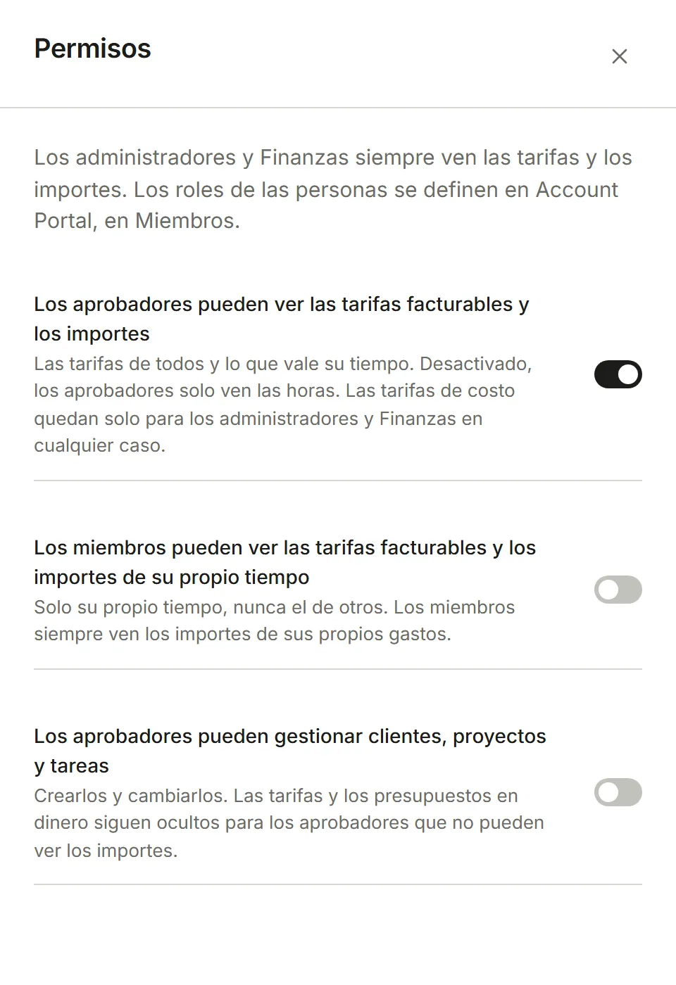 Configuración, Permisos: tres interruptores para quién ve los importes y quién gestiona los proyectos
