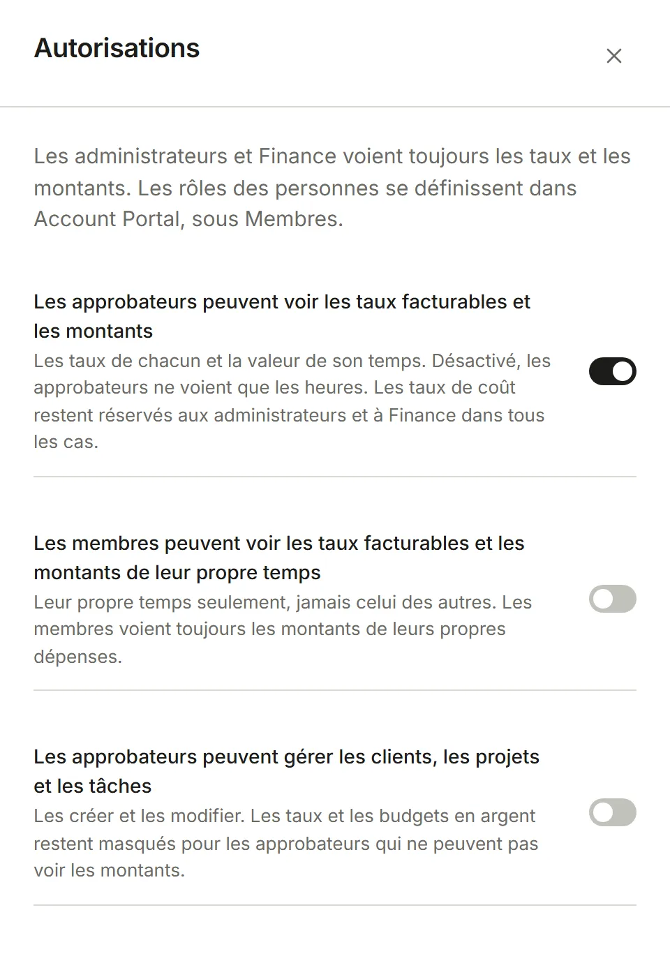 Paramètres, Autorisations : trois interrupteurs pour savoir qui voit les montants et qui gère les projets