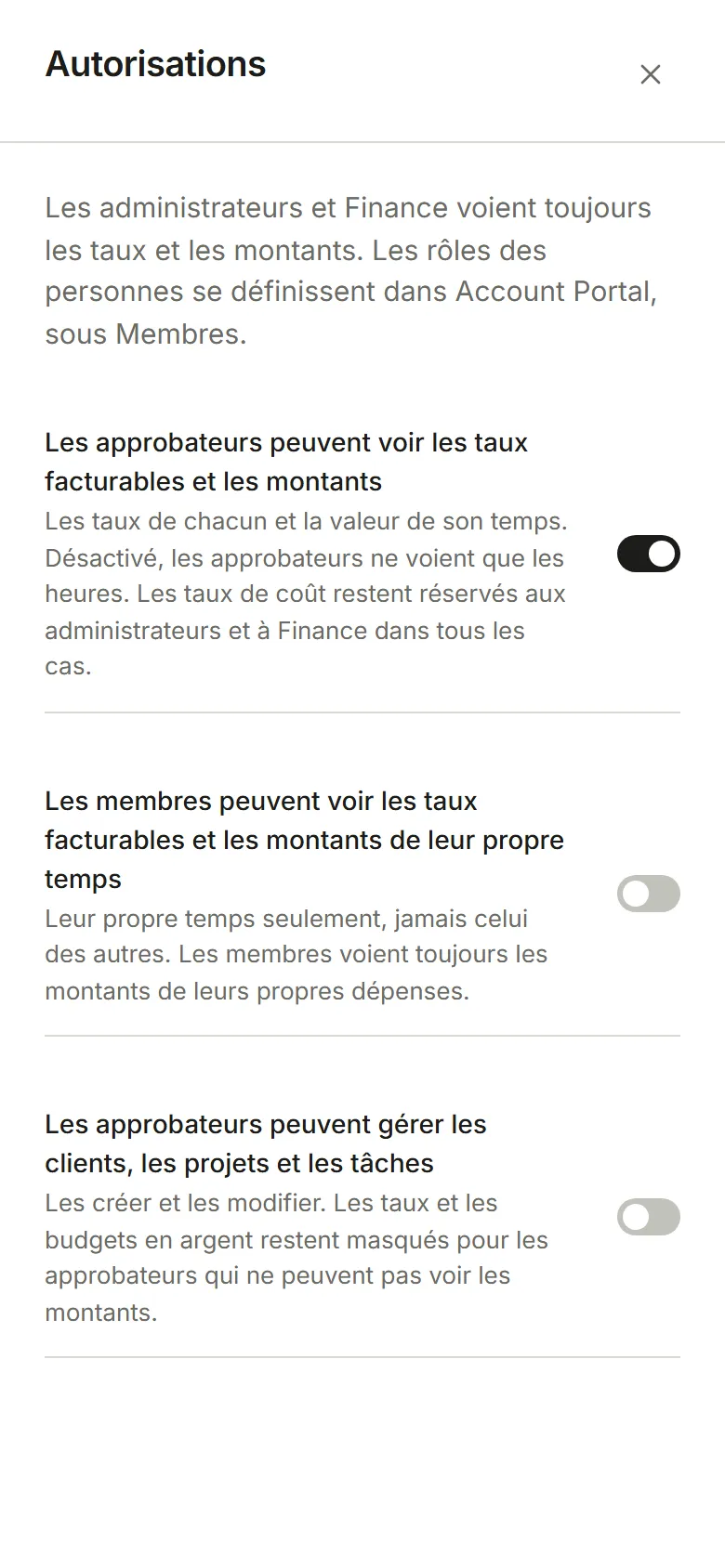 Paramètres, Autorisations : trois interrupteurs pour savoir qui voit les montants et qui gère les projets